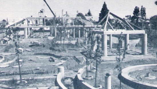 The roofs for the full size basketball court and the cat walk - the park is 80% complete. 